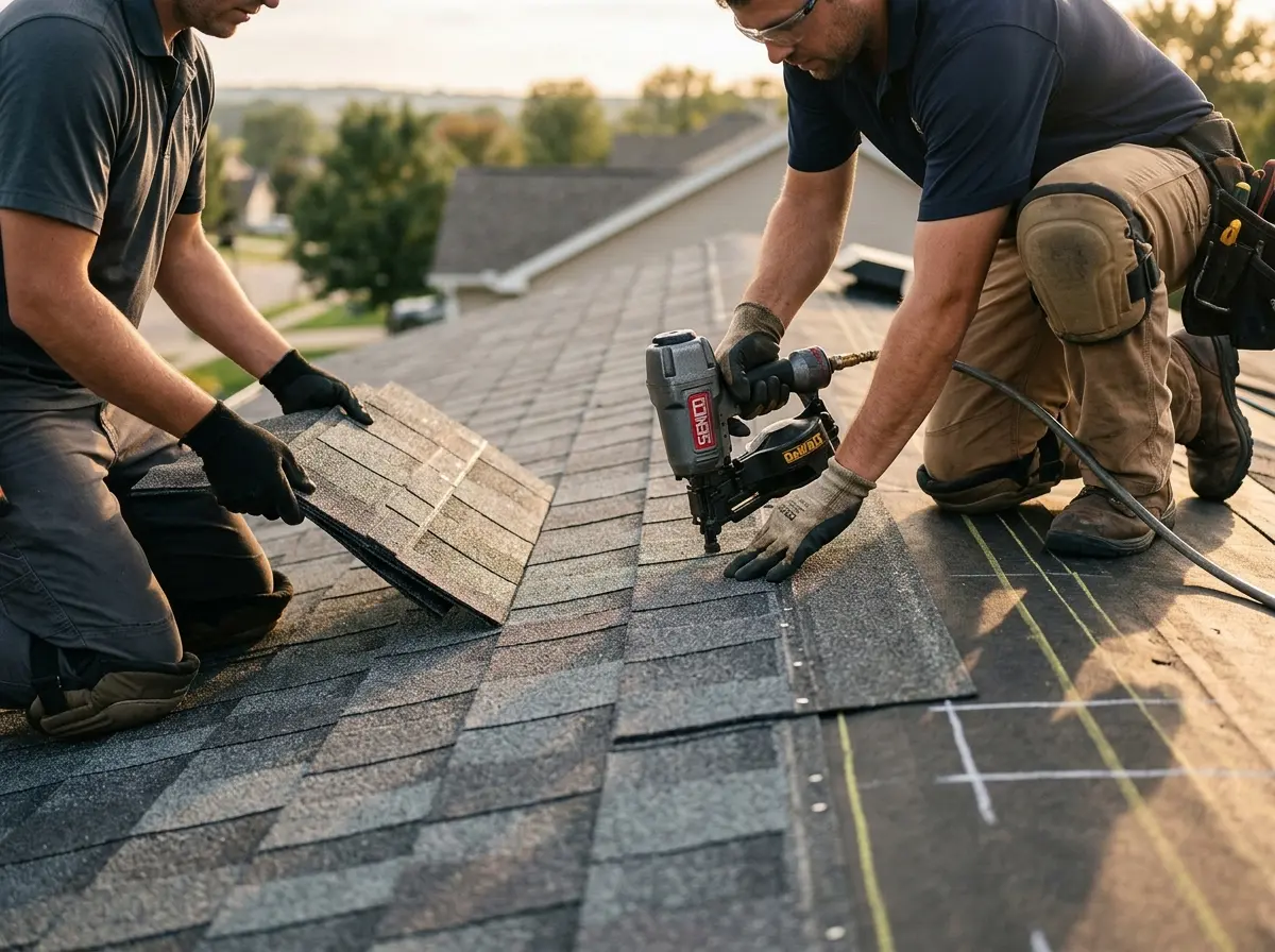 Professional roofer working on a residential roof in Emeryville